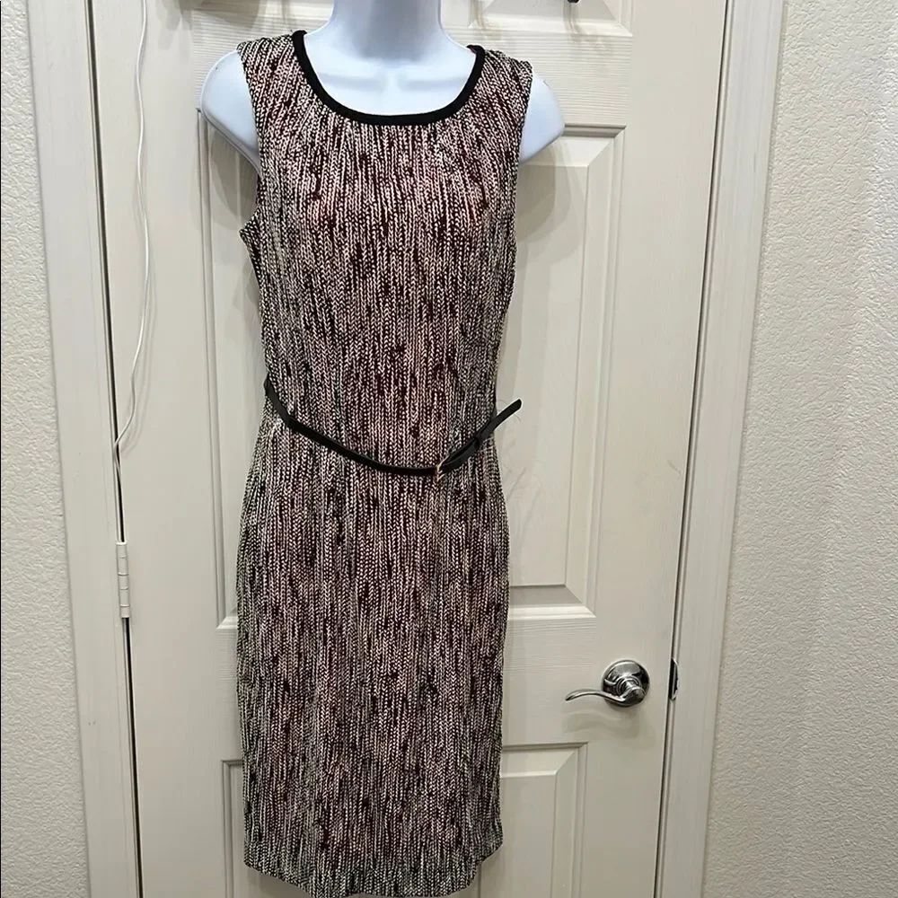 Anne Klein Black Red White Sheath Midi Dress Belted Lined Delicate Weave New